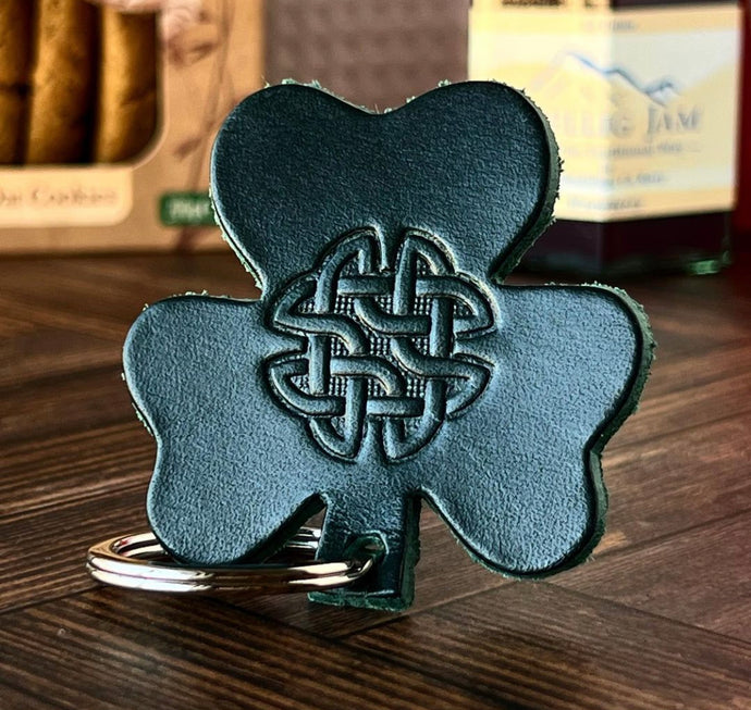 Handmade leather shamrock keyring